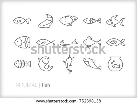 Set of 15 minimal fish icons showing aquatic animals with various fins, scales, tails and gills swimming in water, as a skeleton or in a bowl