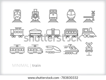 Set of 15 minimal train icons including vintage caboose, coal freight trains, electric commuter trains, railroad crossing signal and high speed rail
