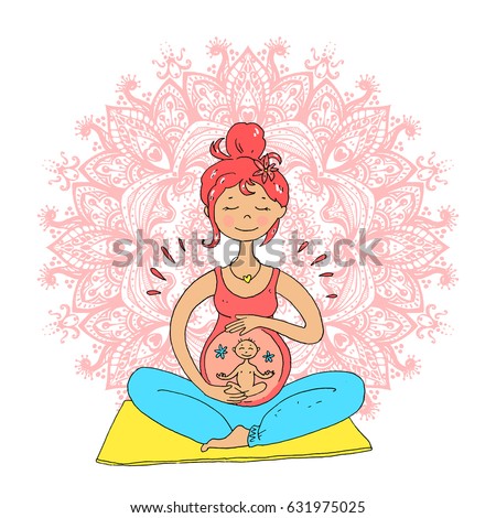 Pregnant tanned woman in lotus position against mandala background. Cute cartoon style. Color illustration. Ohm. Vector illustration. Central composition.