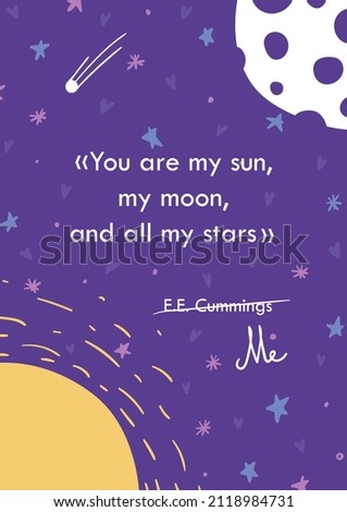 Violet greeting card for those who love more than anything. With universe, space, stars, sun, moon and phrase You are my sun, my moon, and all my stars Сток-фото © 