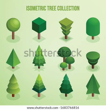 Isometric set of park plants with green trees and bushes of various shapes isolated vector illustration