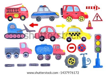 Watercolor cartoon car with road signs. Design of children's clothes, books, scrapbooking, invitations, greetings. Foto stock © 