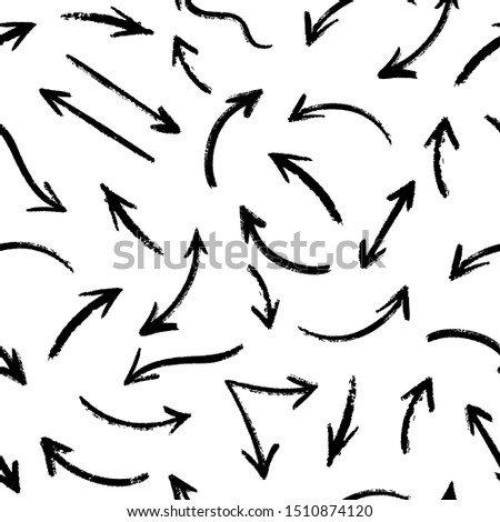 Vector seamless pattern with hand drawn black grunge arrows on white background. Abstract different brush arrows. Collection of chaotic doodle elements for design, concept, template, print, textile.