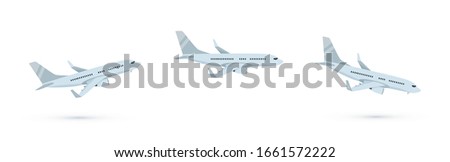 Vector set of cartoon illustration of passenger airplane isolated on white background. Taking off, flying and landing commercial airplane. Airline concept, travel passenger Jet for design. Side view. 