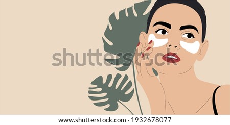 Portrait of beautiful young woman with cosmetic patches under the eyes. Girl uses patches. Skin care concept vector illustration.
