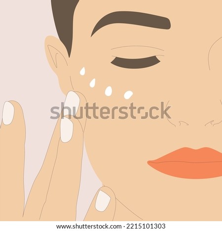 Close up cropped portrait of young woman applying cosmetic product, cream on face. Caring for the skin around the eyes. Morning routine. Vector illustration.