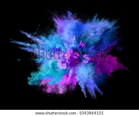 Explosion of blue, aqua and violet dust on black background. Illustration