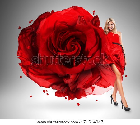 smiling woman in large red rose dress