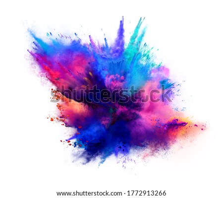 Explosion of pink and blue powder on white background. Freeze motion of color powder exploding. 3D illustration