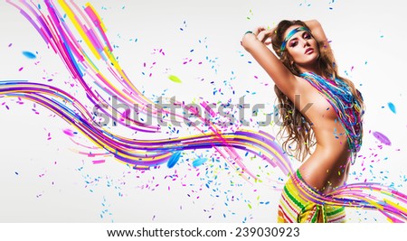 sexy belly dancer in colourful nacklace with abstract lines in studio