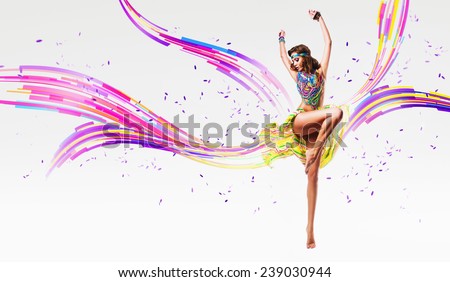 dynamic dancing woman in colourful lines and petals in studio