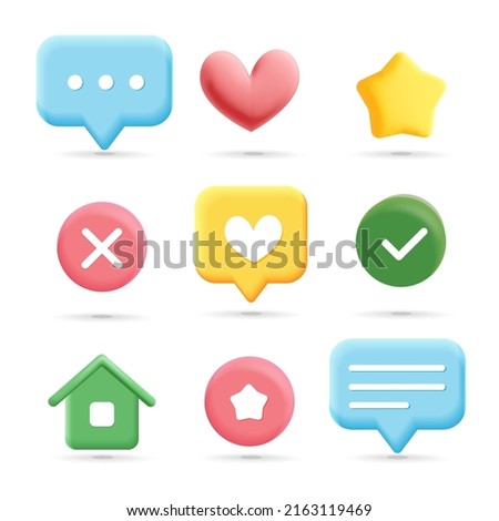 Set of 3d realistic cute social media and feedback buttons icon. Vector illustration. Dialog, chat, wrong, right, cancel, accepted, love, like, homepage, typing, heart, check and cross mark symbols.