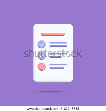 3d vector check list sheet of paper for efficiency work progress icon design. Paper document with tasks and check and cross mark symbol. Project plan, time management, exam blank, medical anamnesis