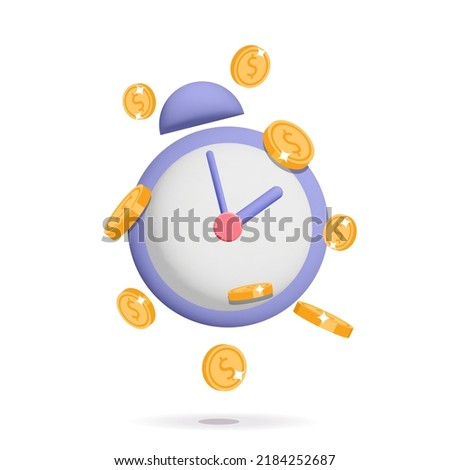 3d Vector violet alarm clock with lots of gold dollar coin icon illustration. Time is money. Long financial investment, future income, money profit benefit, cash back, annual revenue concept design. 