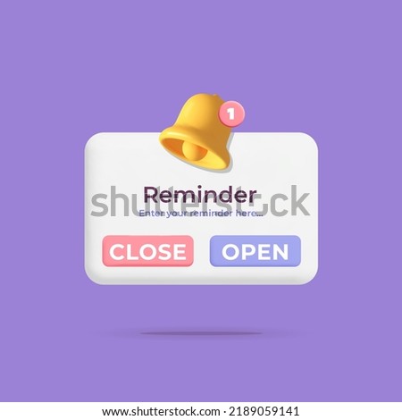 3d vector reminder or warning push notification window with bell symbol mockup design illustration. Empty popup reminder, web design, webpage development, online advertising, calendar, event, email.