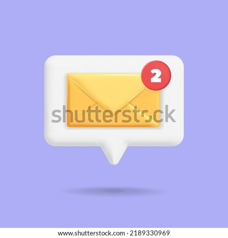 3d vector bubble speech with yellow mail envelope new inbox message icon design illustration. New unread incoming email letter with push notification symbol concept. App, web, internet, advertisement