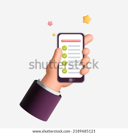 Hand holding smartphone with green checklist mobile application 3d vector design illustration. Successful business plan tasks. To do list, time and task management, done, complete, fulfilled concept.
