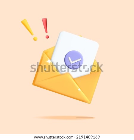 3d vector new email with approved purple check mark symbol. New letter in yellow open envelope icon design. Send letters, read paper, notification message.