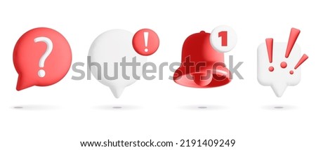 Set of 3d vector push notification with attention, question, reminder, exclamation marks design. Red speech bubble with question symbol. Reminder red bell notification with new message icon. 