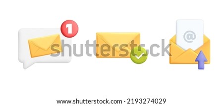 Collection of 3d vector yellow mail envelope icons illustration. Envelope with new notification message, send email letter, download document sheet of paper with, push notification with speech bubble.