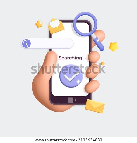 3d vector hand holding phone and search for information. Realistic render search bar icon and  magnifying loupe glass on smartphone screen  design. Navigation and search concept. 