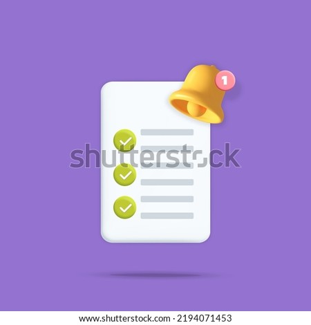 3d vector white task management to do list with green check mark and reminder bell notification icon design.  Project plan, assignment, exam paper blank concept illustration.