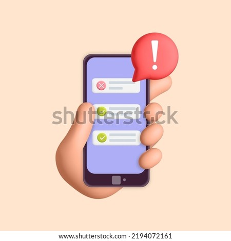 Hand holding smartphone with green and red marks checklist mobile application 3d vector design illustration. Alert, warning, attention red round sign.  To do list, done, deadline, failed concept.