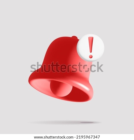 Red danger alert notification bell symbol 3d realistic vector design. Warning notice icon with exclamation sign isolates on white background. Social media important or security urgency concept.