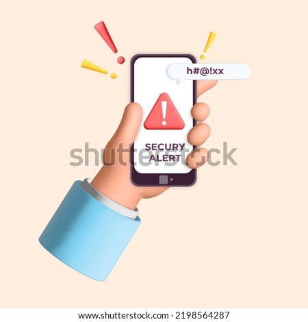 3d realistic render man office hand holds smartphone with warning alert notification notice design concept. Security protection system app. Red triangle notification with error icon. 