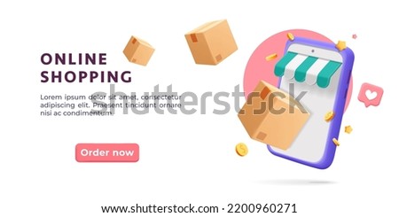 3d vector online shopping with smartphone on mobile app design banner. Smart business marketing concept. Cartoon render phone with shop awning, social media like, gold coins icons, flying delivery box