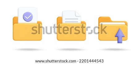 Collection of approved, downloaded computer file folder symbols  design. Folder with paper sheets,  check mark, upload and download arrow symbol isolated on white background. Digital file organization