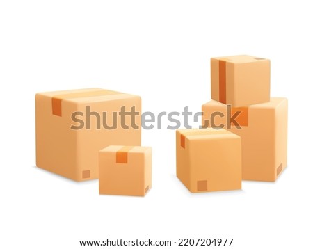 Collection of 3d vector realistic render pile of stacked cardboard parcel mockup icon. Template of shopping packages for good and paper boxes isolated on white background. Fast delivery, shopping.