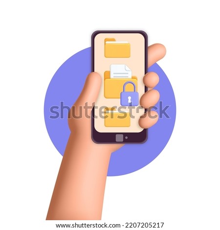 Realistic render man hand holds smartphone with yellow file folder with search glass icon design concept. 3d vector file storage and document data management idea illustration. searching for file.