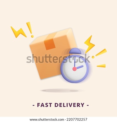 3d vector realistic render parcel cardboard box with alarm clock and bolt icon banner. Fast delivery online shopping service, order, tracking, shipping, logistic design concept. Alarm, alert notice