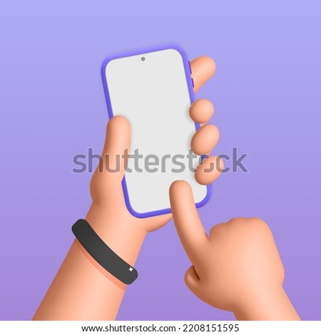 3d vector man holding white screen smartphone in two hands mockup realistic render design illustration. Scrolling and searching something in phone, application, service ideas. Touch screen with finger