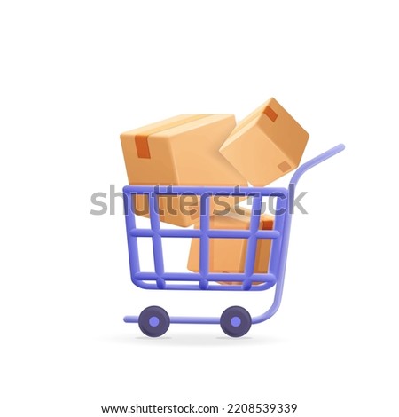 3d vector cartoon render Shopping cart or trolley with paper boxes or cardboard package template web banner.  Shipping, Online shopping, digital marketing, delivery, online store concept.