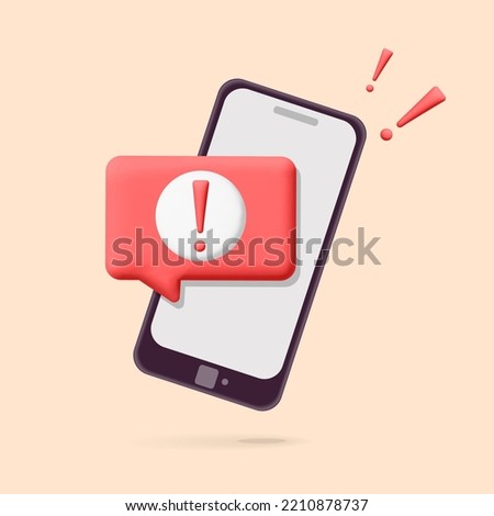 3d vector  red square alert danger message or attention, spam, insecure, virus sign on smartphone poster design. Cartoon render important error push notice reminder on phone screen with exclamation