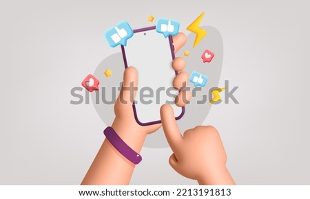 3d vector hand holds smartphone with thumb up, like social media symbols banner design. Cartoon render hand surf in internet, social network, sends emoticon, new push message like, follow notification