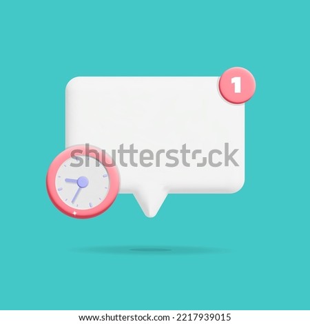 3d vector cartoon render Empty white reminder rectangle speech bubble notification with alarm clock and new income message symbol design. Push notification, popup notice, mobile phone app newsletter.