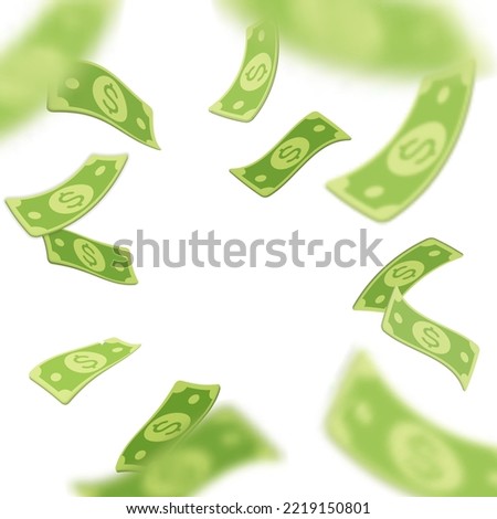 3d vector cartoon render green dollar paper currency money explosion banner design. Floating, flying banknote isolated on white background. Finance, investment, business concept.