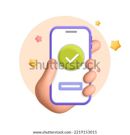 Female realistic render Hand holds smartphone with green check mark on mobile application 3d vector design illustration.Successful business plan tasks. To do list, time and task management, done.