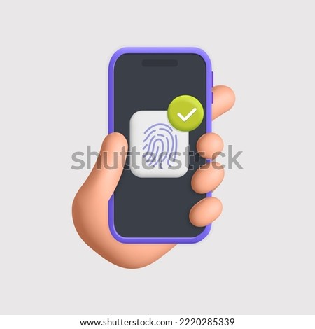 3d vector cartoon render hand holds security unlocked via fingerprint on Smartphone with done, ok, alright, check mark notification symbol design. Personal access via finger print, user authorization