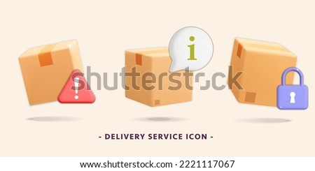 3d vector collection of parcel cardboard boxes with attention, alert, warning, security, safe symbol icon for fast delivery service. Tracking, ordering for mobile app global delivery, logistic.