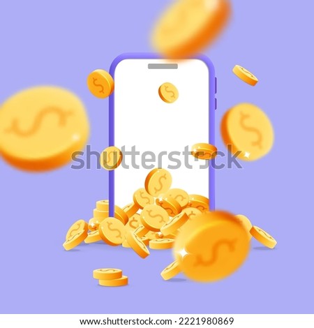 3d vector poster Golden dollar coins explosion effect out from smartphone device screen banner design. Cartoon render Mobile Phone with lot of money floating Casino, cash back, win, profit, jackpot