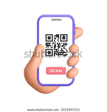 3d vector cartoon render female hand holds smartphone and use mobile app service with scan QR code  banner design. Technology and business concept. 