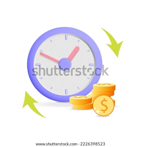 3d Vector alarm clock with gold dollar coin and arrow icon illustration. Text time is money. Long financial investment, future income, money profit and benefit, annual revenue concept design. 