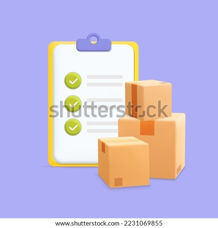 3d vector cartoon plastic render paper parcel package boxes with clipboard and check list banner design. Fast delivery logistic service and confirmed order web icon.