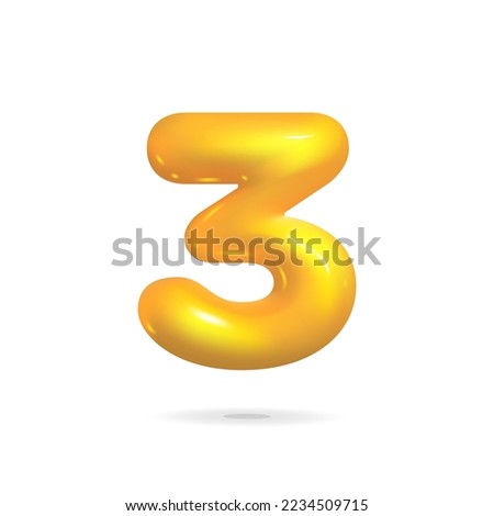 Yellow number 3 three in cartoon style render isolated on white background. 3d vector shiny balloon anniversary web element.