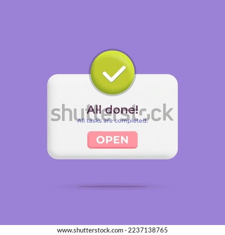 Task manager complete new reminder push notification window with check mark symbol mockup design illustration. All done, approved, check list popup reminder, web design, to do list concept.