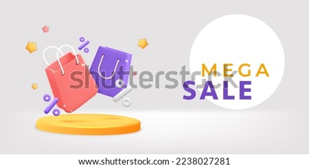 3d vector yellow podium with flying present bags, discount percentage for online shopping sale banner template design.